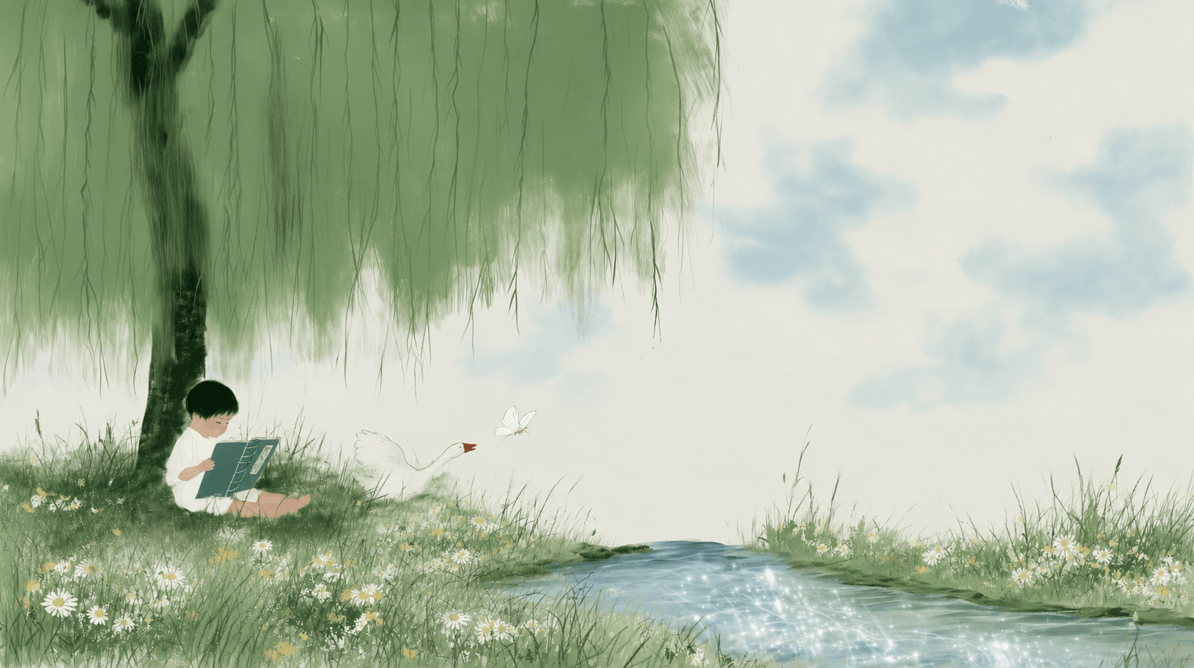 Detail of the stream and wildflowers from the willow painting